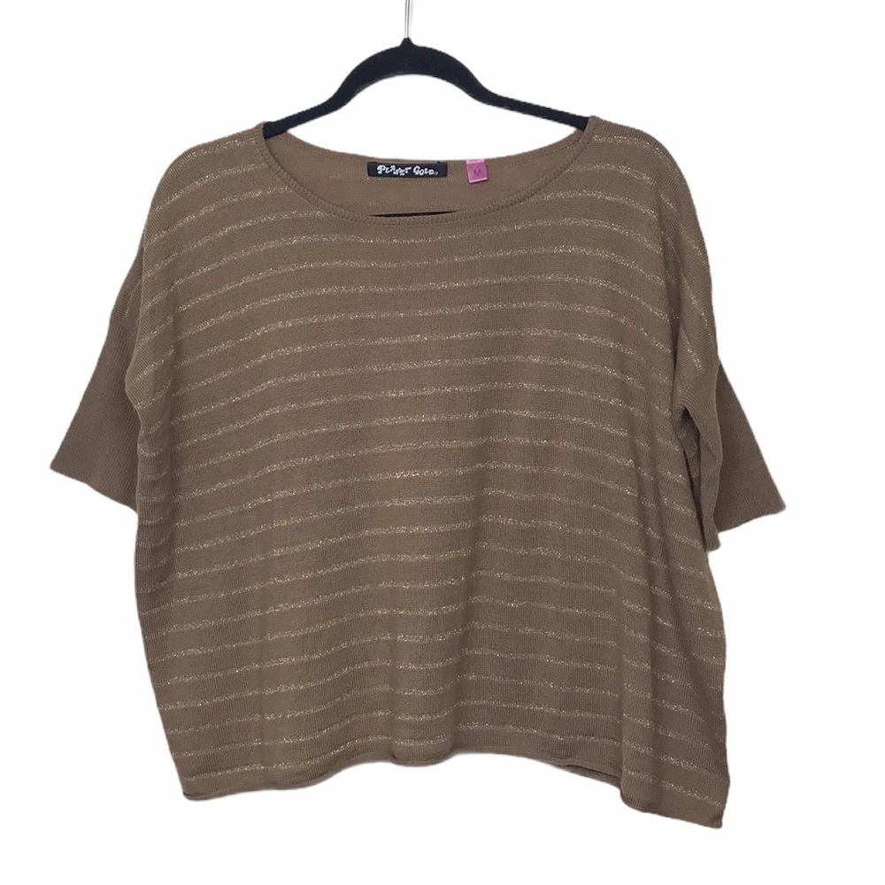 Planet Gold Tan Metallic Stripe Oversized Short Sleeve Sweater - Picture 2 of 9